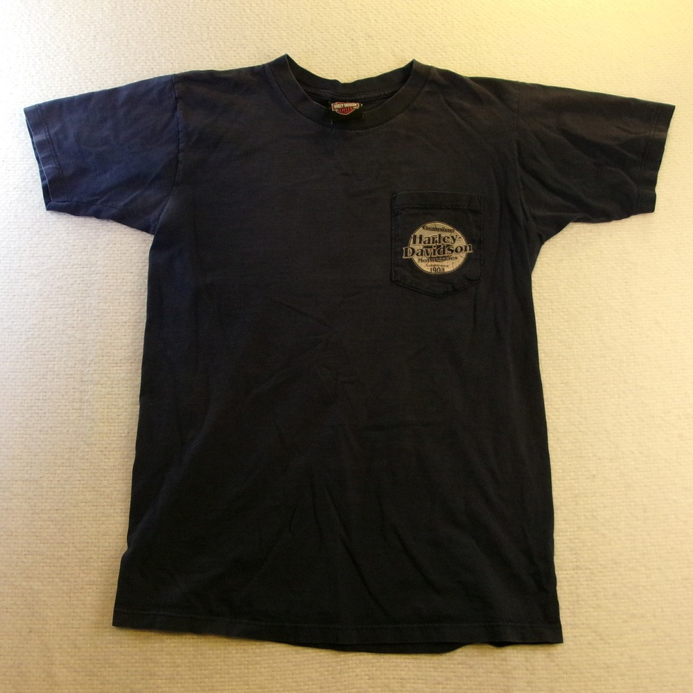 Harley Davidson Mens S Pocket T-Shirt Navy Fink's Zanesville OH Biker Graphic